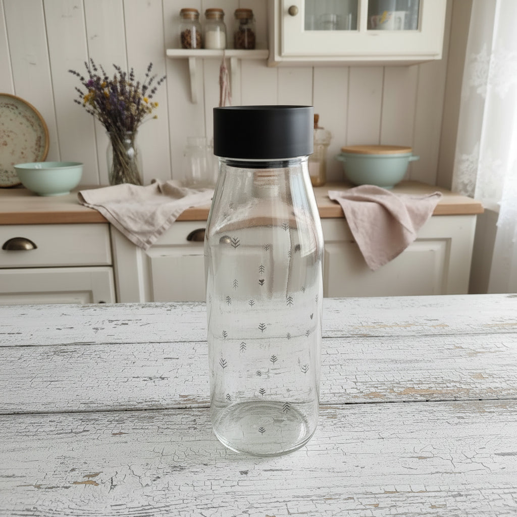 Clear Glass Water Bottle with Black Self-Opening Cap - Bastion Collection