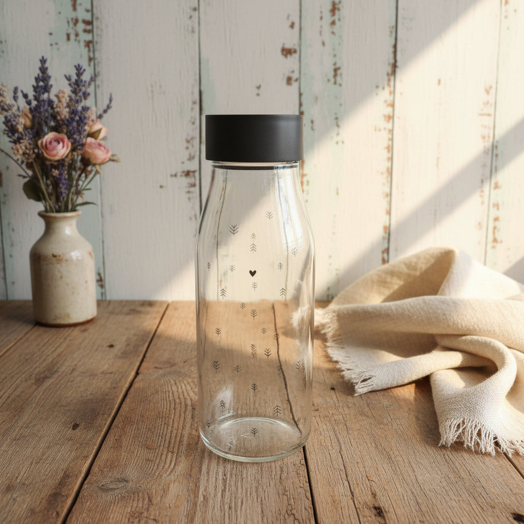 Bottiglia in vetro trasparente per acqua con tappo nero con apertura automatica - Bastion Collection