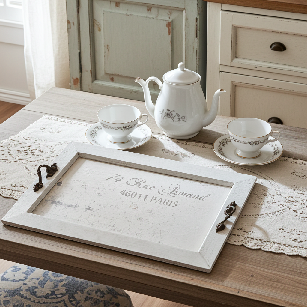 Hand-painted wooden tray with antique handles - 45x29cm