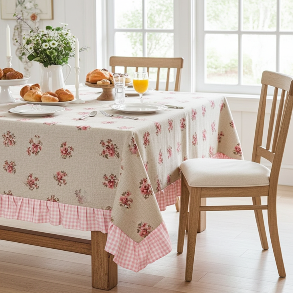 Tovaglia 8 posti resinata beige con fiorellini e balza quadrettini rosa "Le Flowers" - L'Atelier 17