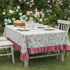 Tovaglia 8 posti resinata "Vivaio" beige con fiori e balza rosa - L'Atelier 17