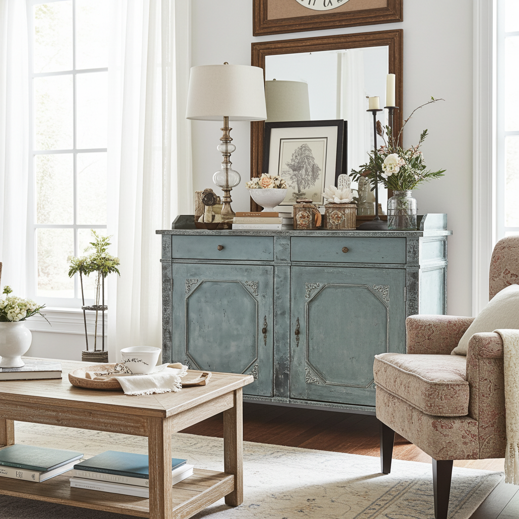 Credenza verde azzurro a due ante con ripiano centrale - Chic Antique