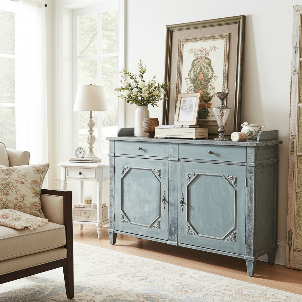 Credenza verde azzurro a due ante con ripiano centrale - Chic Antique