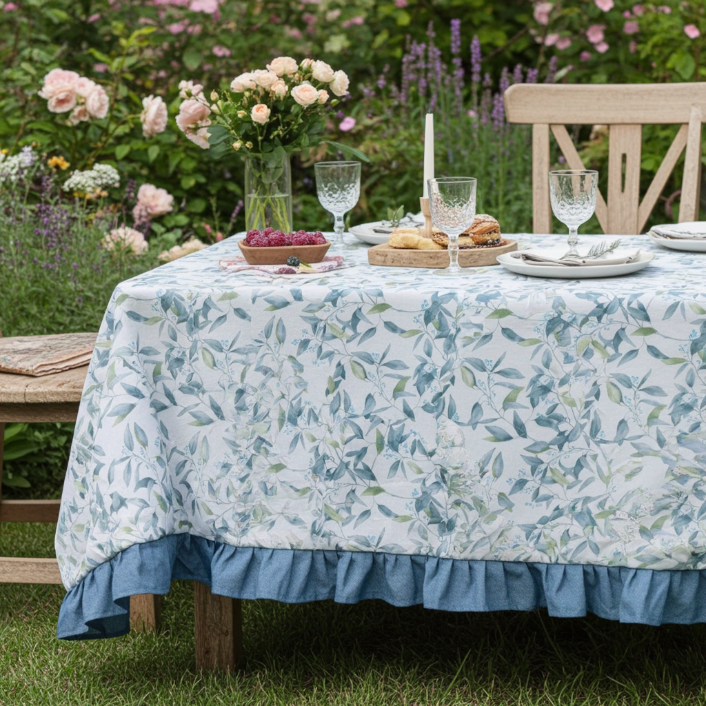 Tovaglia 6 posti resinata "Vivaio" bianca con fiori e balza azzurri - L'Atelier 17