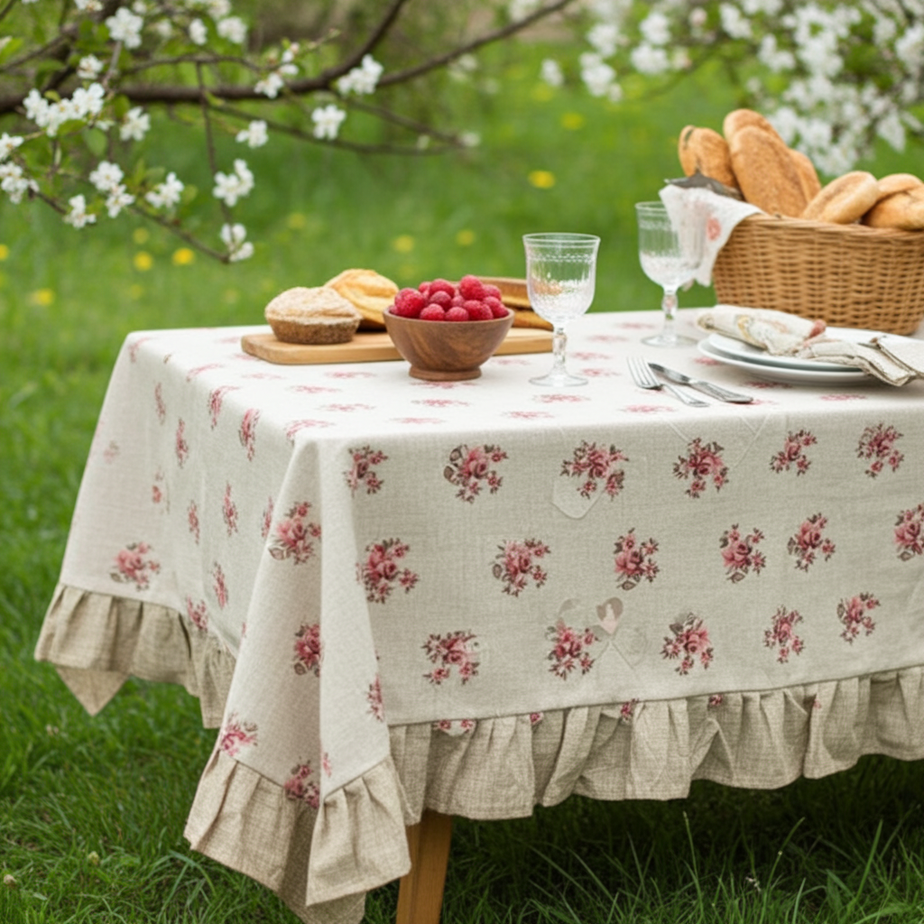 Tovaglia 10 posti resinata beige con fiorellini e balza beige "Le Flowers" - L'Atelier 17