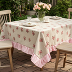Tovaglia 8 posti resinata beige con fiorellini e balza quadrettini rosa "Le Flowers" - L'Atelier 17