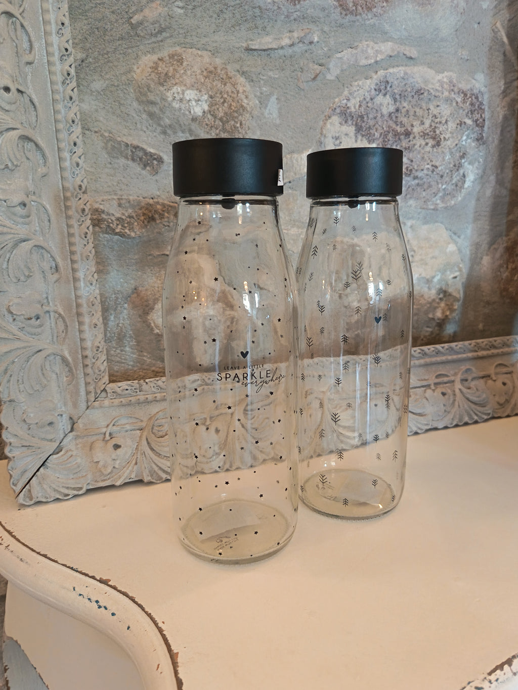 Clear Glass Water Bottle with Black Self-Opening Cap - Bastion Collection