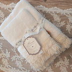 Coppia spugna viso e ospite beige/bianco/corallo con balza a frange - Blanc Mariclò