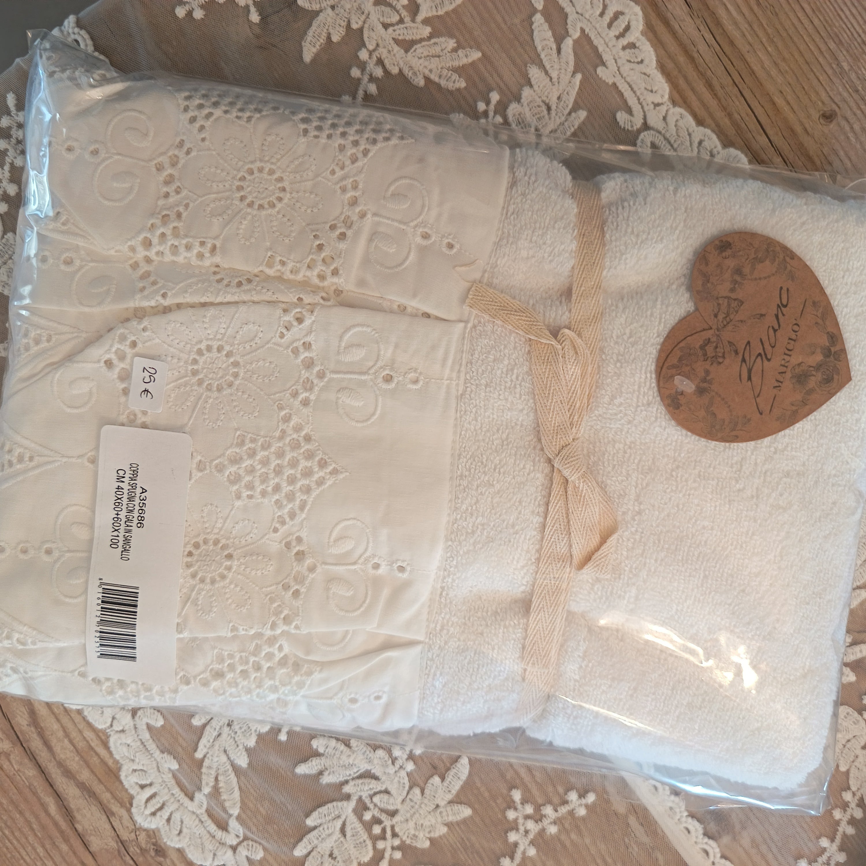 Coppia spugna viso e ospite bianco con gala in sangallo - Blanc Mariclò