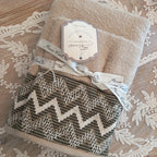 Coppia spugna viso e ospite beige/bianco/blu con decoro - Blanc Mariclò