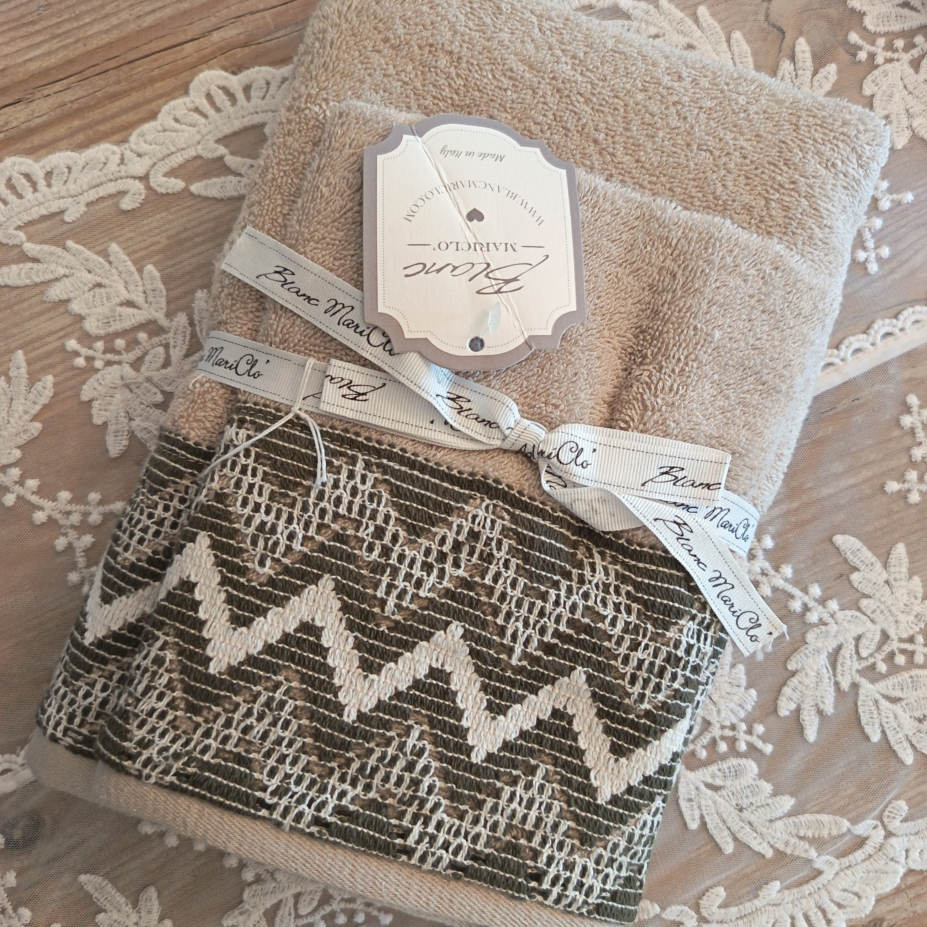 Coppia spugna viso e ospite beige/bianco/blu con decoro - Blanc Mariclò