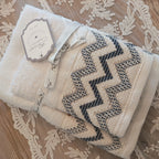 Coppia spugna viso e ospite beige/bianco/blu con decoro - Blanc Mariclò