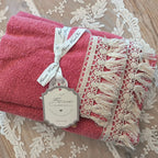Coppia spugna viso e ospite beige/bianco/corallo con balza a frange - Blanc Mariclò