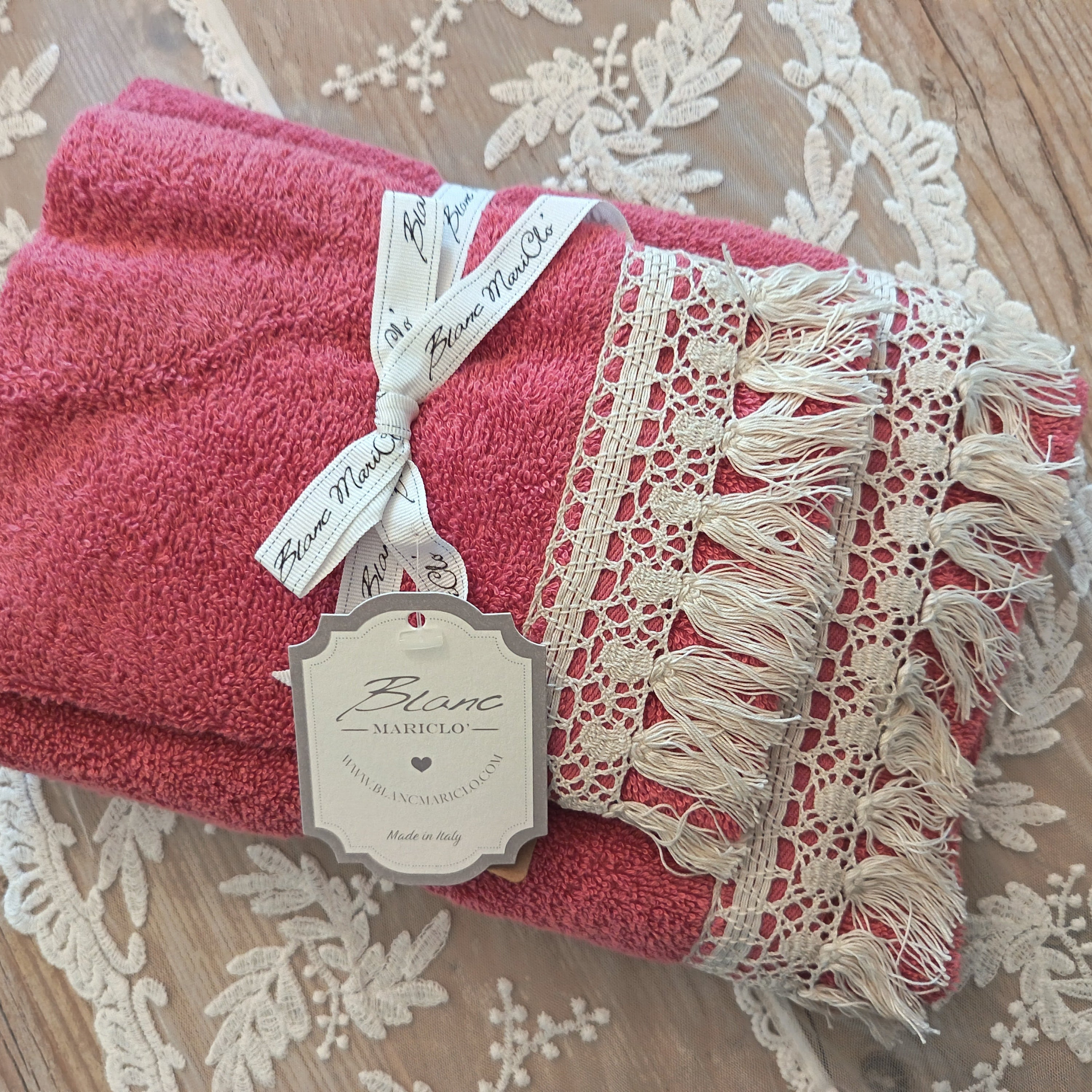 Coppia spugna viso e ospite beige/bianco/corallo con balza a frange - Blanc Mariclò