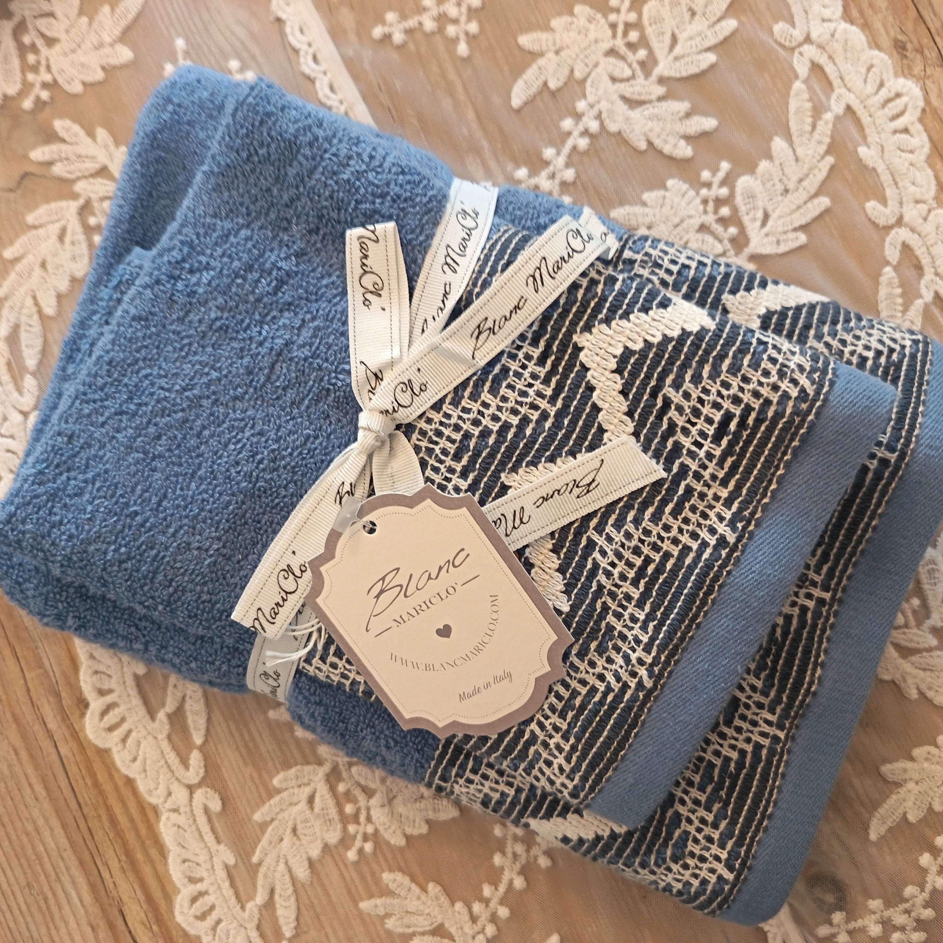 Coppia spugna viso e ospite beige/bianco/blu con decoro - Blanc Mariclò
