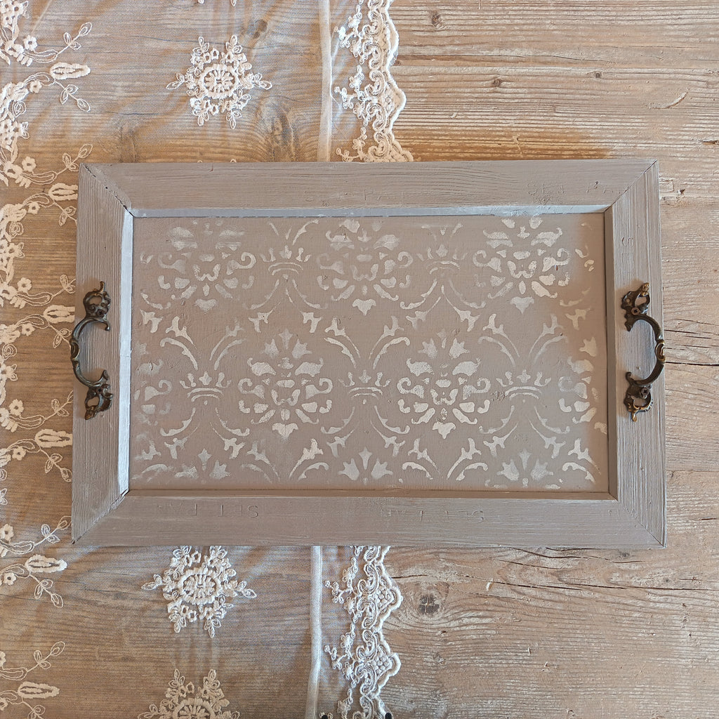 Hand-painted wooden tray with antique handles - Dove Grey