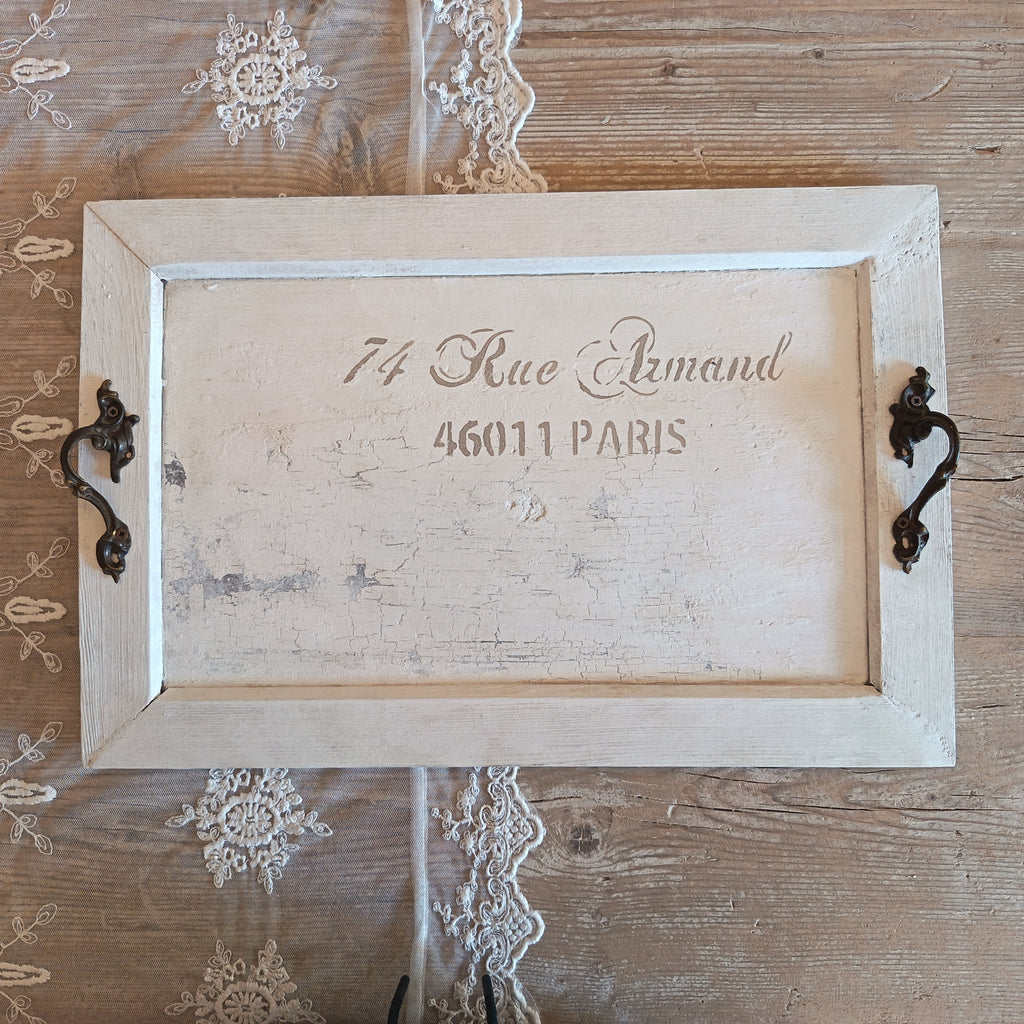 Hand-painted wooden tray with antique handles - 45x29cm