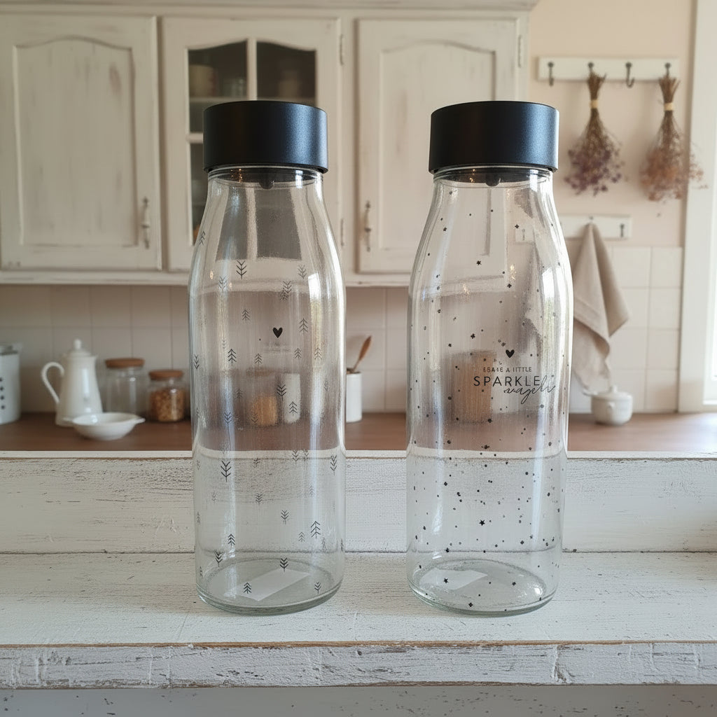 Bottiglia in vetro trasparente per acqua con tappo nero con apertura automatica - Bastion Collection