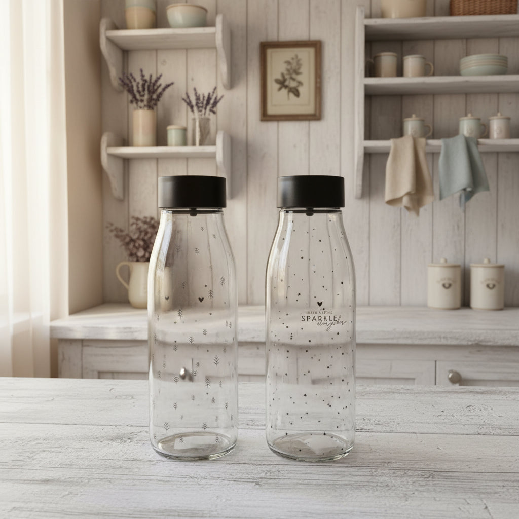Bottiglia in vetro trasparente per acqua con tappo nero con apertura automatica - Bastion Collection