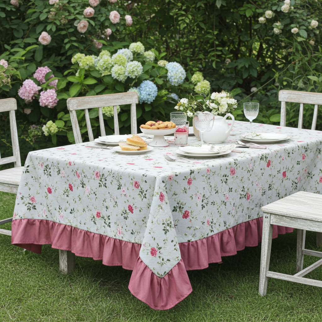 Tovaglia 8 posti resinata "Vivaio" beige con fiori e balza rosa - L'Atelier 17