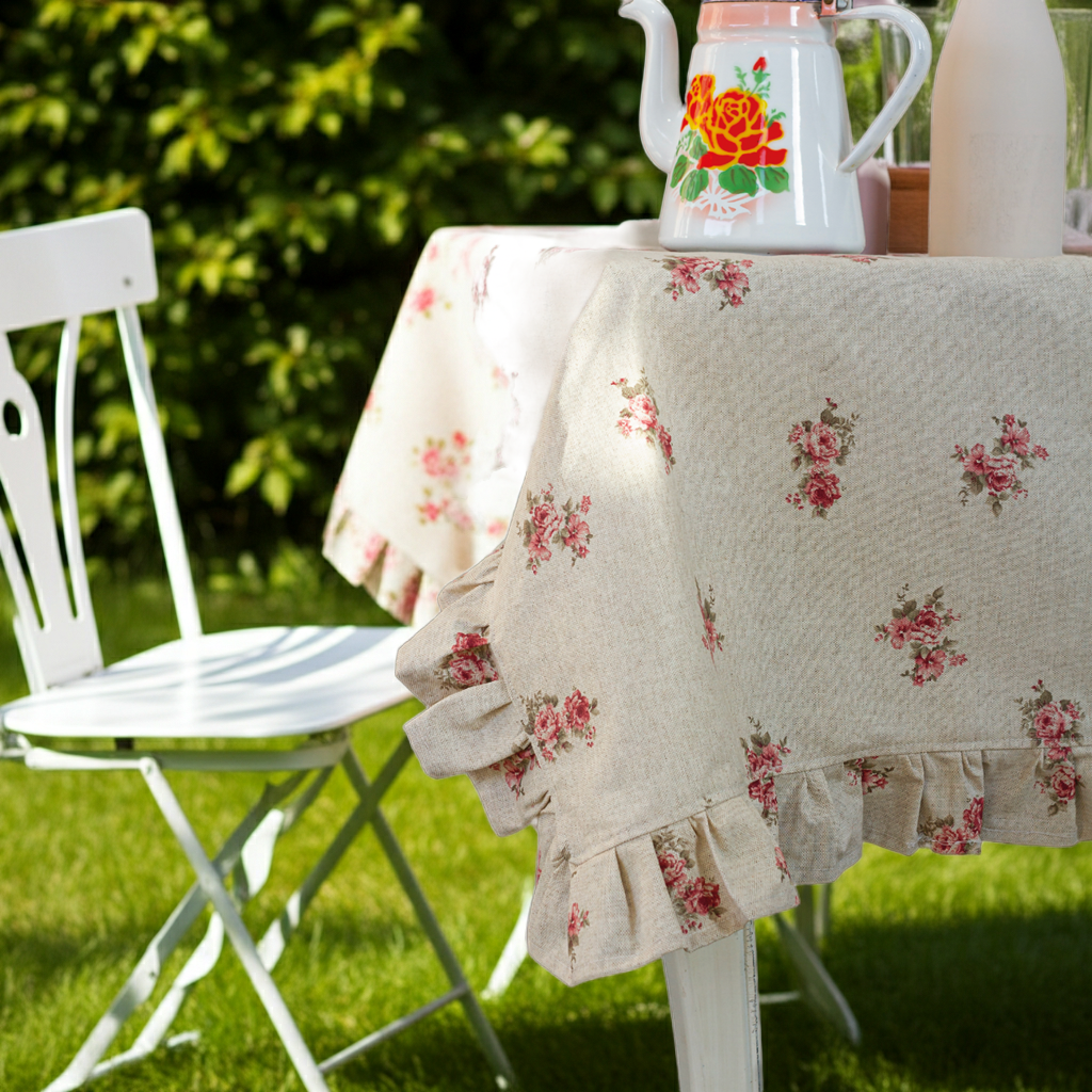 Tovaglia 10 posti resinata beige con fiorellini e balza fiorellini "Le Flowers" - L'Atelier 17