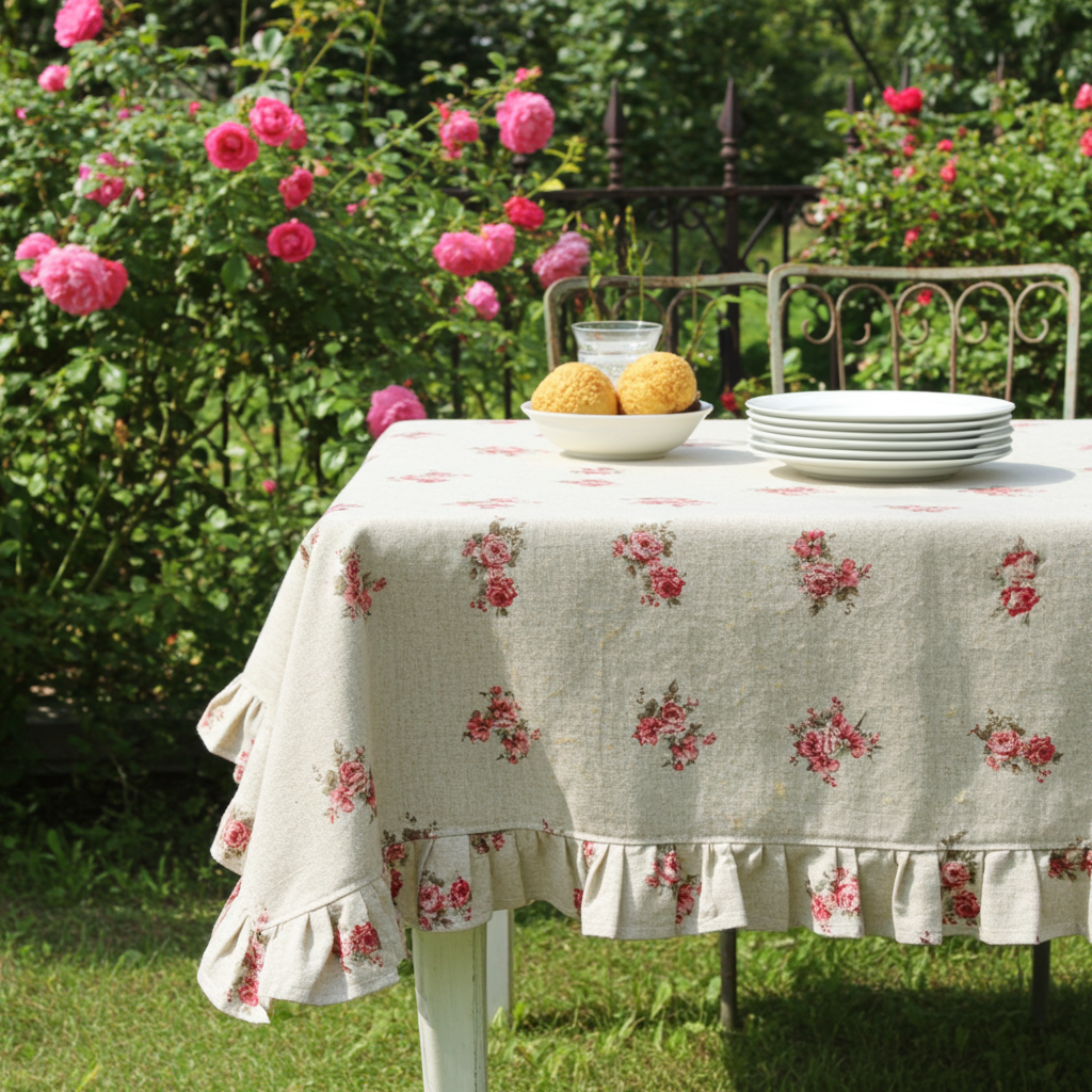 Tovaglia 10 posti resinata beige con fiorellini e balza fiorellini "Le Flowers" - L'Atelier 17