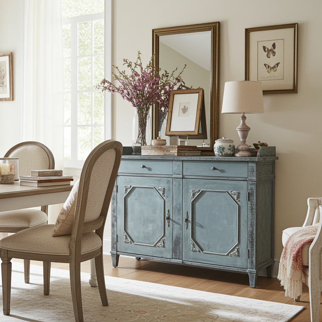 Credenza verde azzurro a due ante con ripiano centrale - Chic Antique