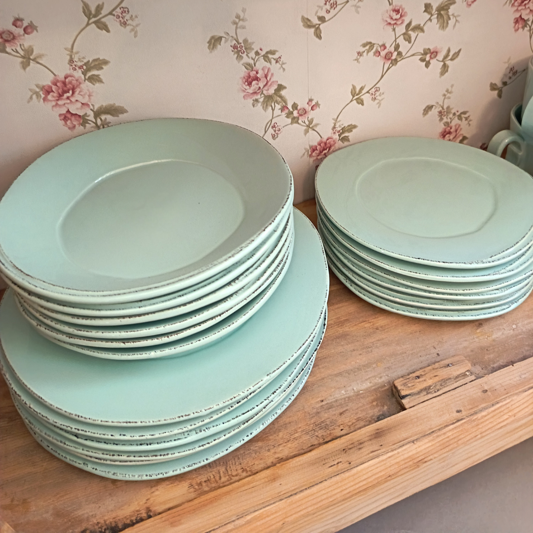 Aqua green plate set: 6 flat plates + 6 soup plates + 6 dessert plates