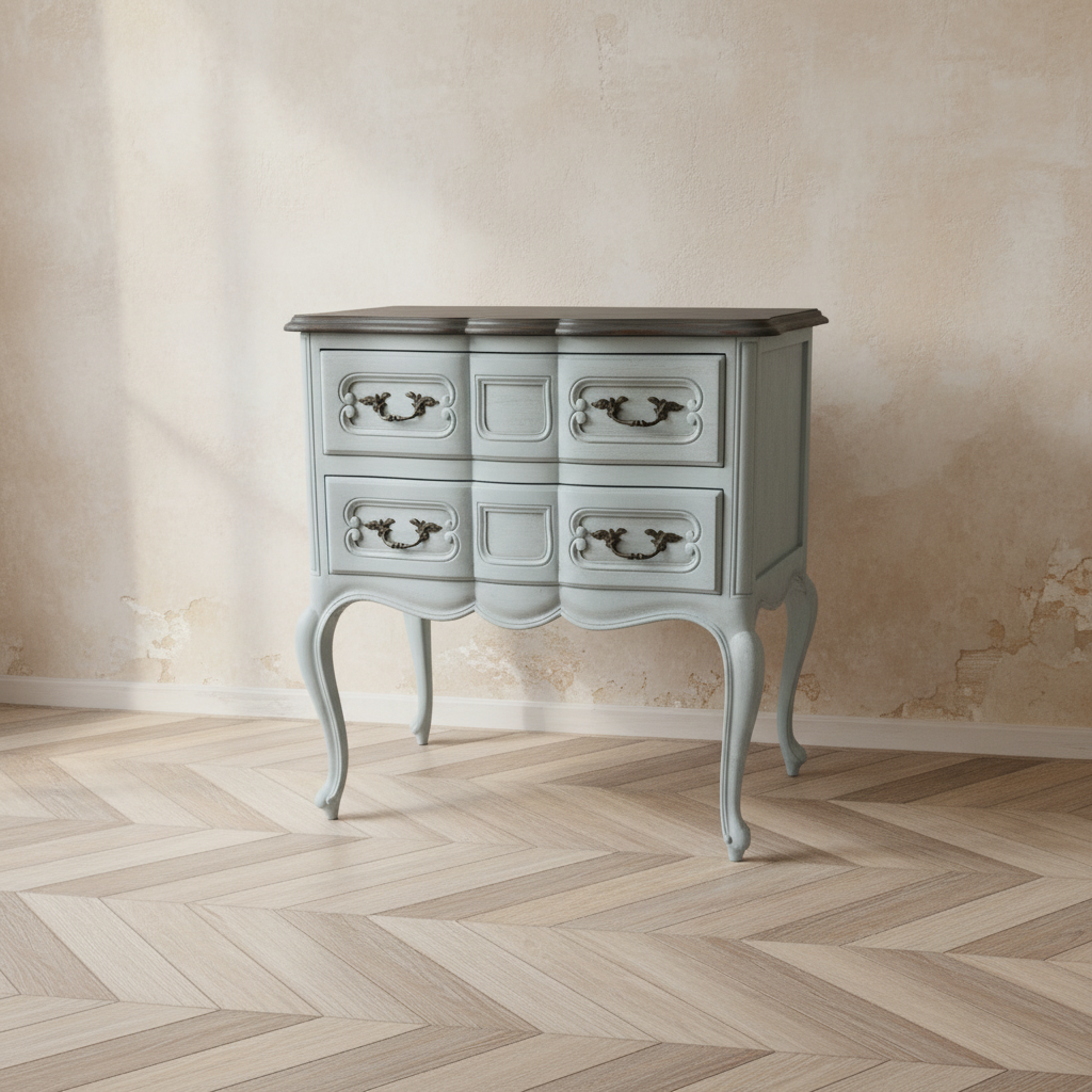 Comò a due cassetti in stile provenzale con patina antica dipinto a mano - Cantuccio