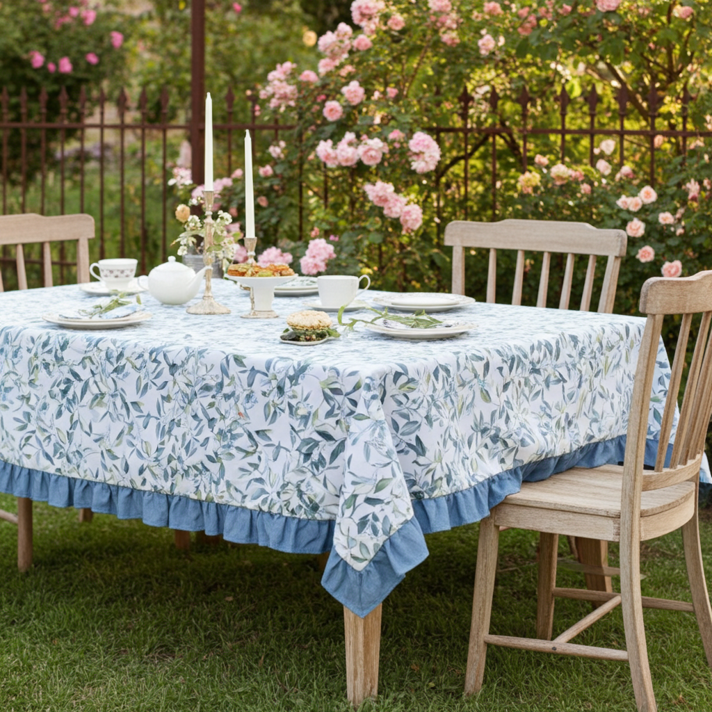 Tovaglia 6 posti resinata "Vivaio" bianca con fiori e balza azzurri - L'Atelier 17