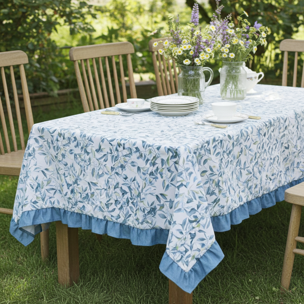 Tovaglia 6 posti resinata "Vivaio" bianca con fiori e balza azzurri - L'Atelier 17