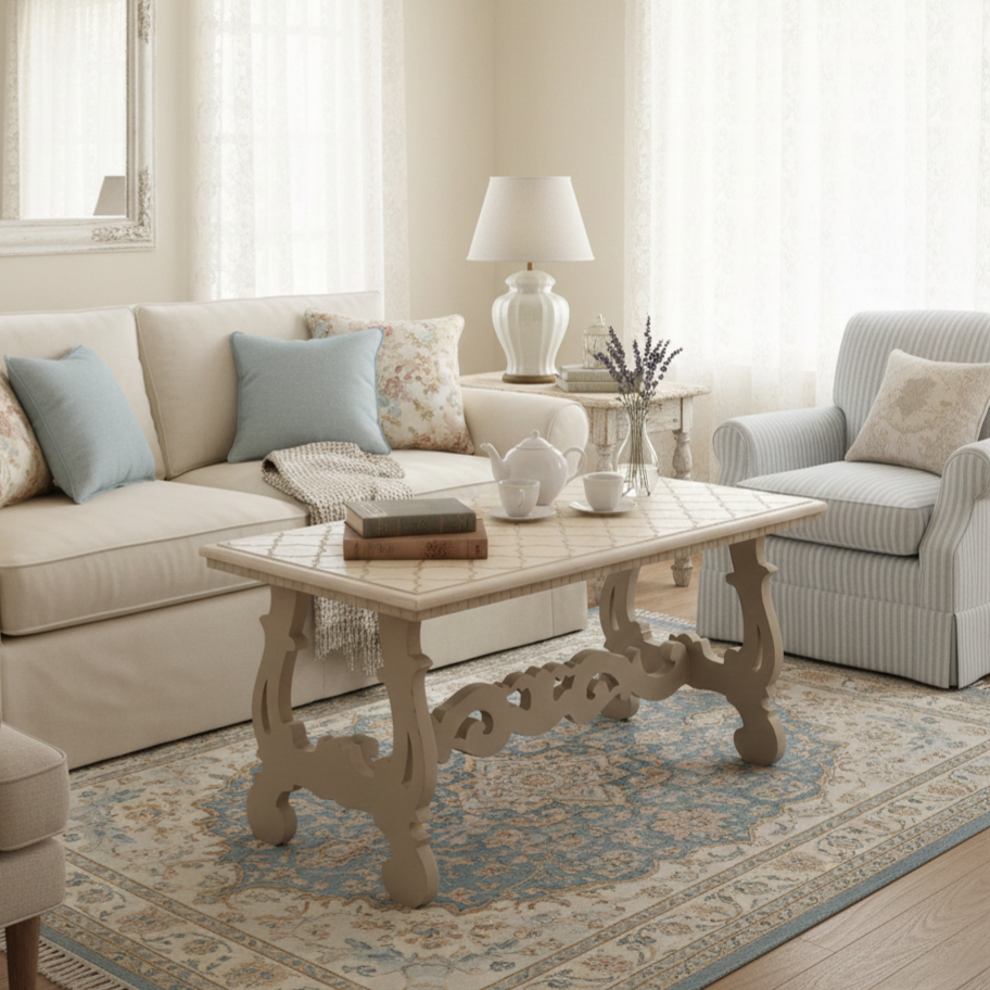 Tavolino basso da salotto beige dipinto a mano con decorazione sul piano