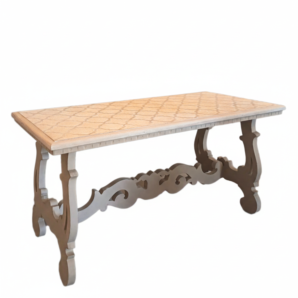 Tavolino basso da salotto beige dipinto a mano con decorazione sul piano