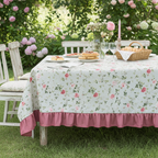 Tovaglia 6 posti resinata "Vivaio" beige con fiori e balza rosa - L'Atelier 17