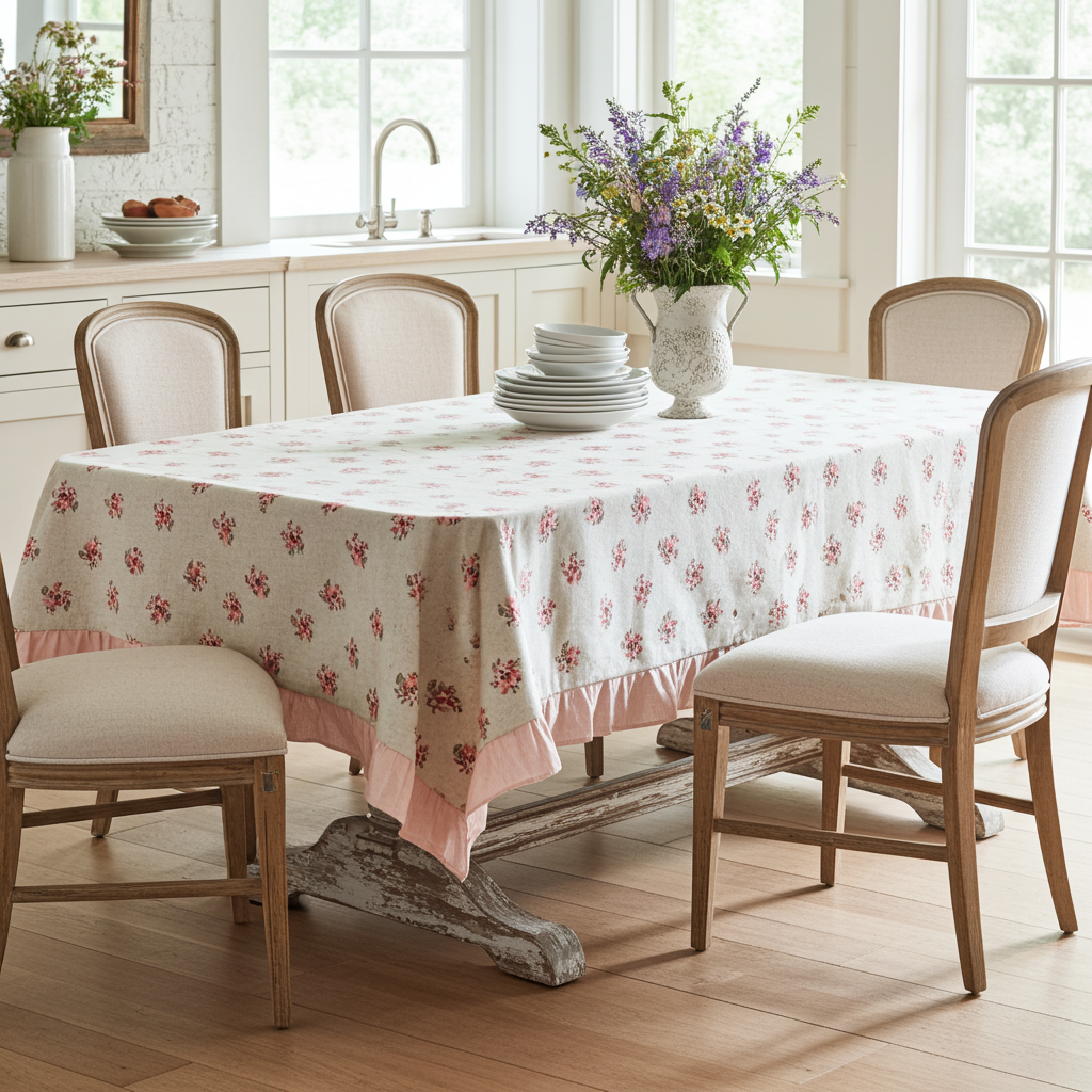 Tovaglia 10 posti resinata beige con fiorellini e balza rosa "Le Flowers" - L'Atelier 17