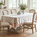 Tovaglia 10 posti resinata beige con fiorellini e balza rosa "Le Flowers" - L'Atelier 17