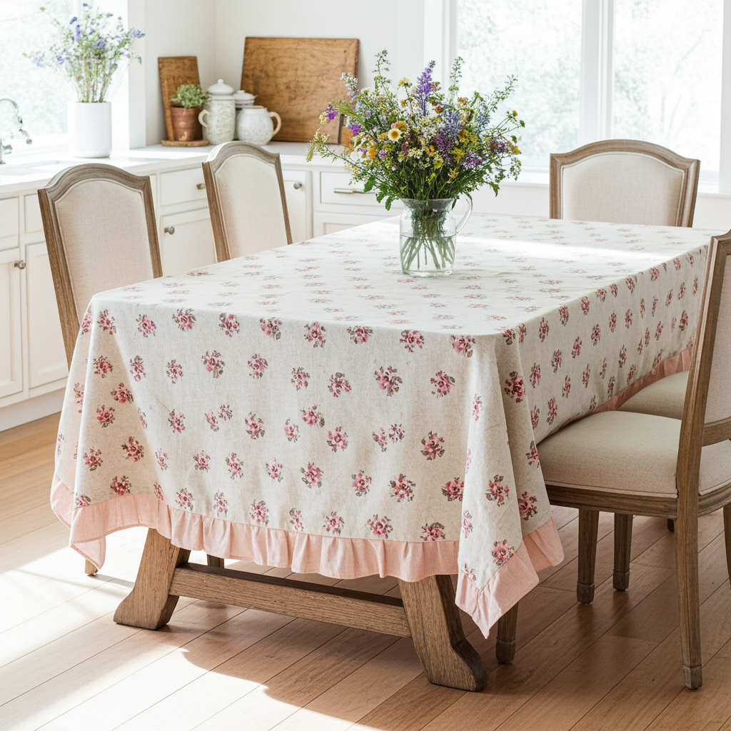 Tovaglia 10 posti resinata beige con fiorellini e balza rosa "Le Flowers" - L'Atelier 17