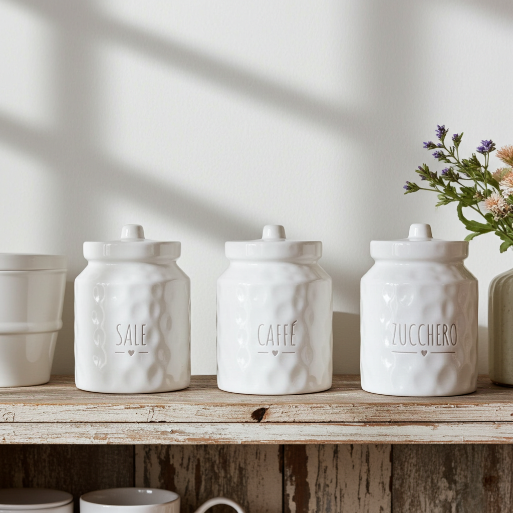 Set 3 barattoli ceramica bianchi "Sale - Zucchero - Caffè" - Nuvole di stoffa