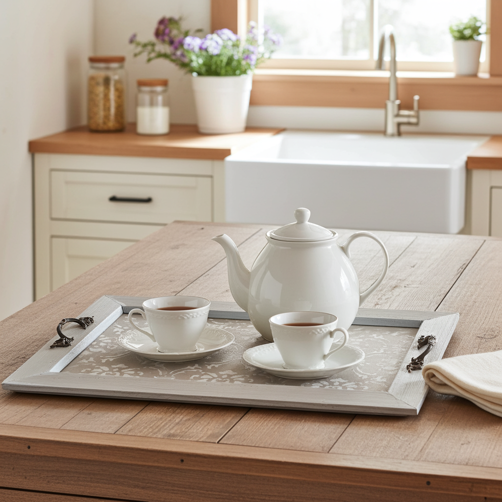 Hand-painted wooden tray with antique handles - Dove Grey