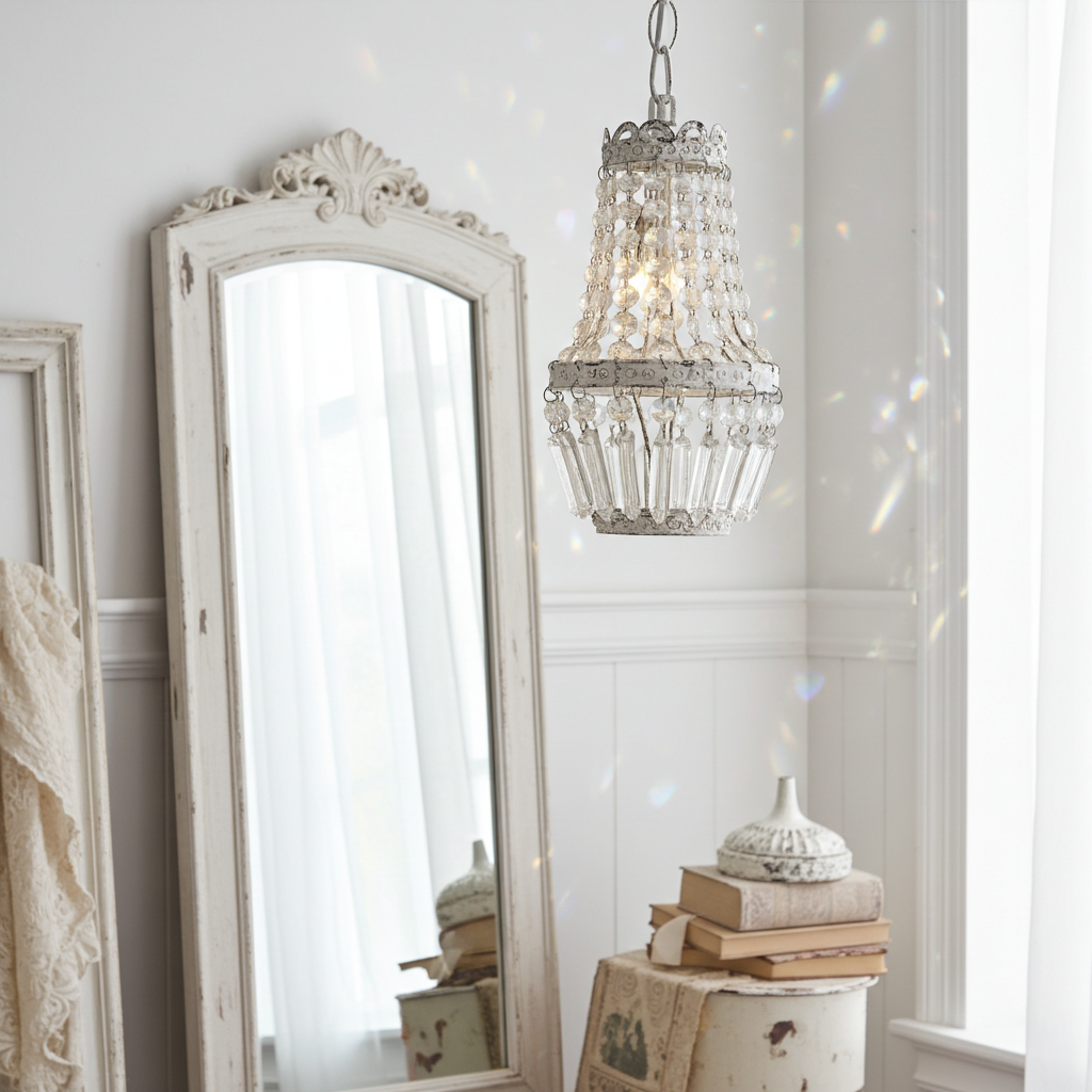 Piccola lampada sospensione bianca con cristalli - Chic Antique