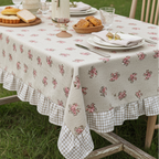 Tovaglia 8 posti resinata beige con fiorellini e balza quadrettini "Le Flowers" - L'Atelier 17