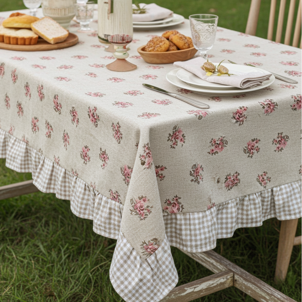 Tovaglia 10 posti resinata beige con fiorellini e balza quadrettini "Le Flowers" - L'Atelier 17