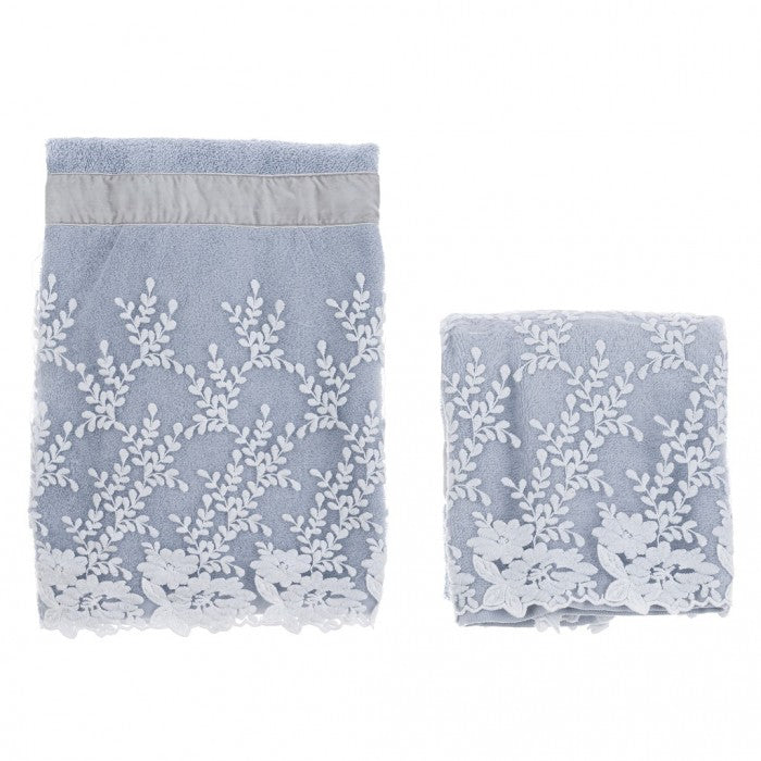 Coppia spugna viso e ospite con ricami - Azzurro/Rosa/Beige - Blanc Mariclò
