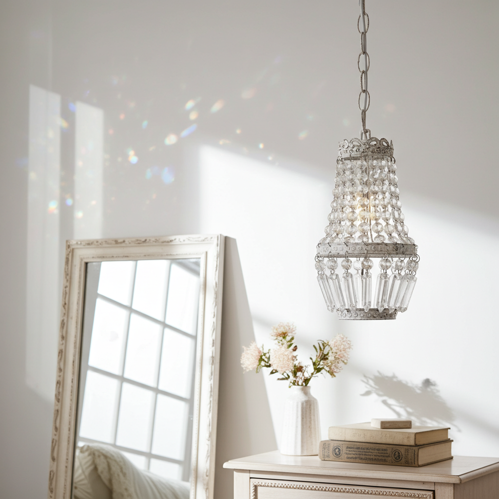 Piccola lampada sospensione bianca con cristalli - Chic Antique