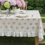 Tovaglia 8 posti resinata beige con fiorellini e balza quadrettini "Le Flowers" - L'Atelier 17