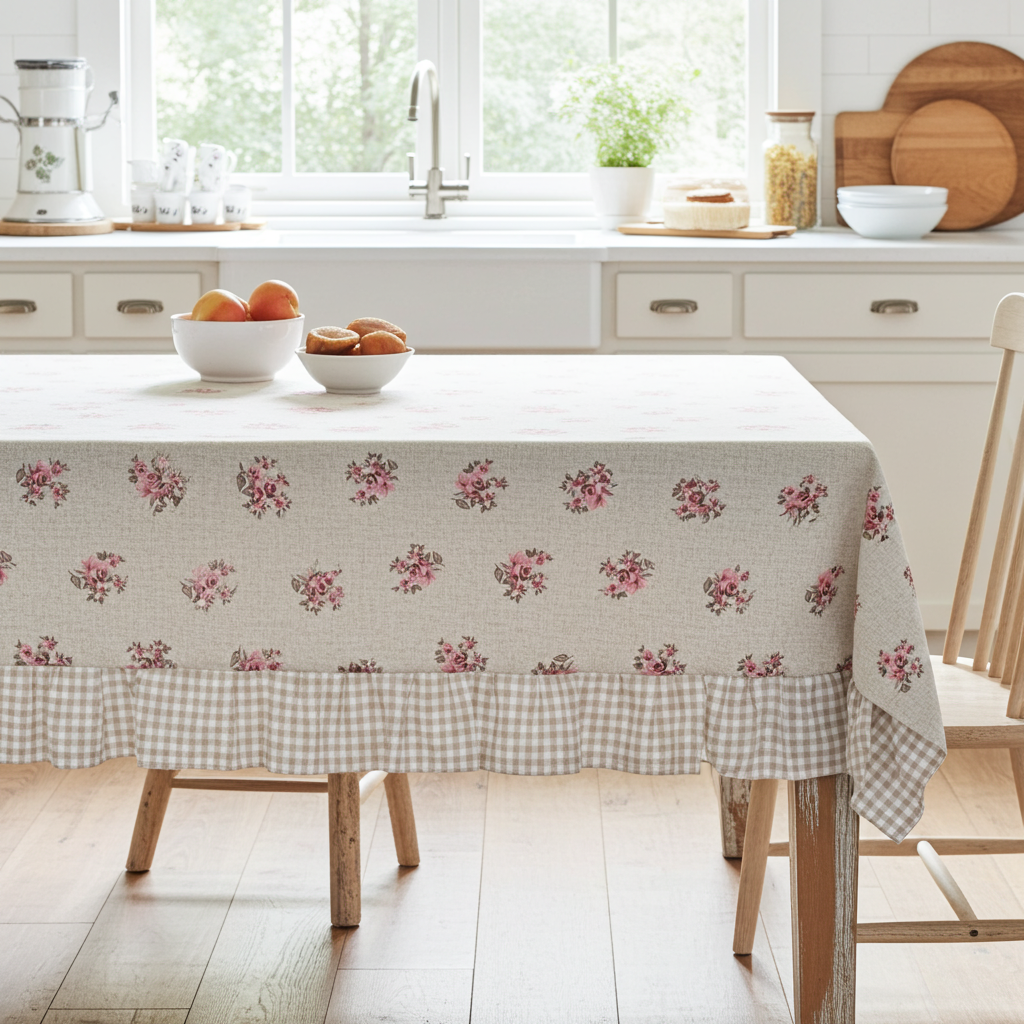Tovaglia 10 posti resinata beige con fiorellini e balza quadrettini "Le Flowers" - L'Atelier 17