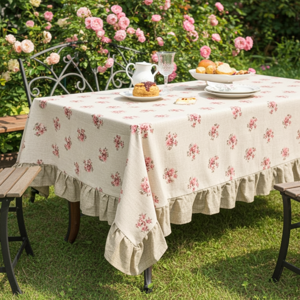 Tovaglia 6 posti resinata beige con fiorellini e balza beige "Le Flowers" - L'Atelier 17