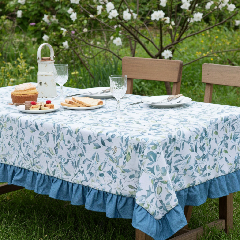 Tovaglia 6 posti resinata "Vivaio" bianca con fiori e balza azzurri - L'Atelier 17