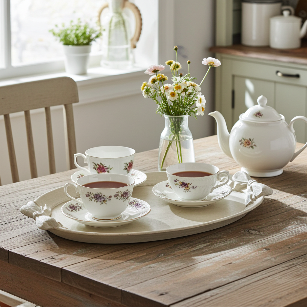 Beige wooden tray with bows