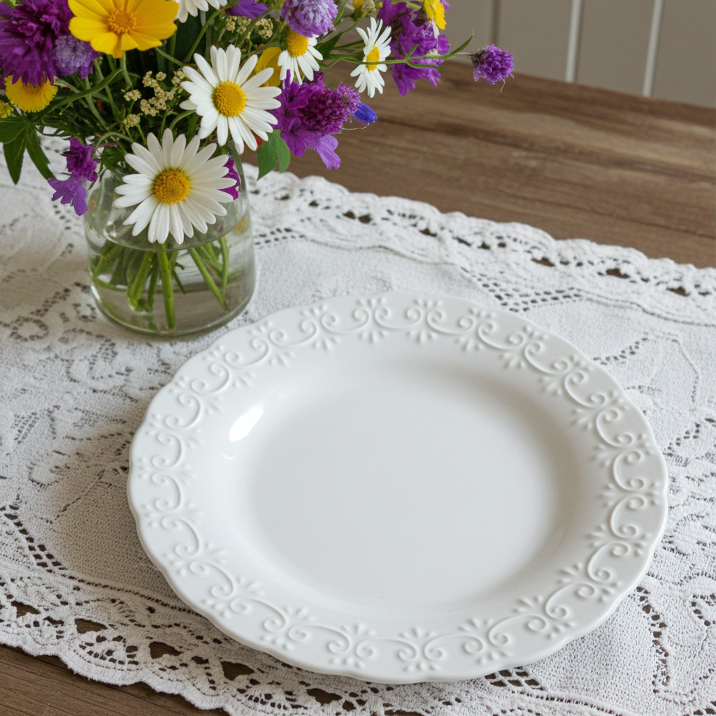 Set of 2 white dinner plates with floral decoration